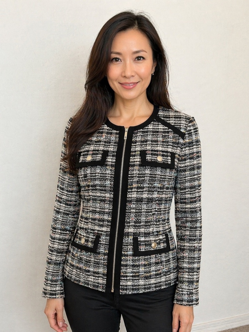 Tommy Hilfiger Black & White Tweed Zip-Front Blazer